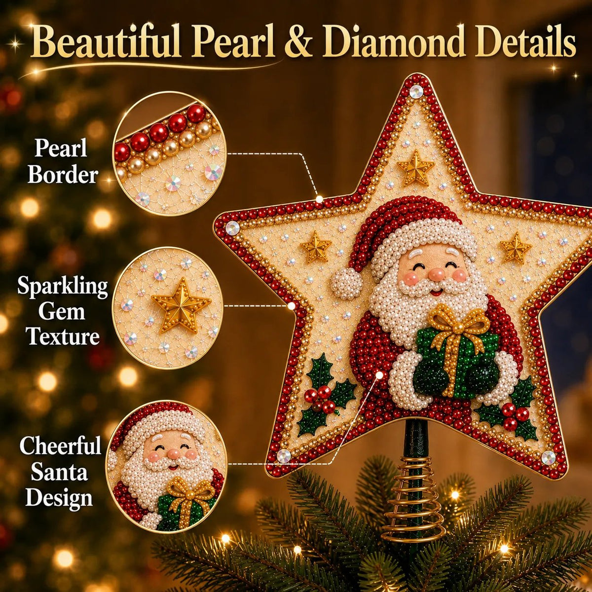 Christmas Pearl Diamond Art Tree Topper DIY Kit | Complete Set with Printed Base, Pearl & Crystal Pieces, Application Tools & Step-by-Step Guide Included 💕