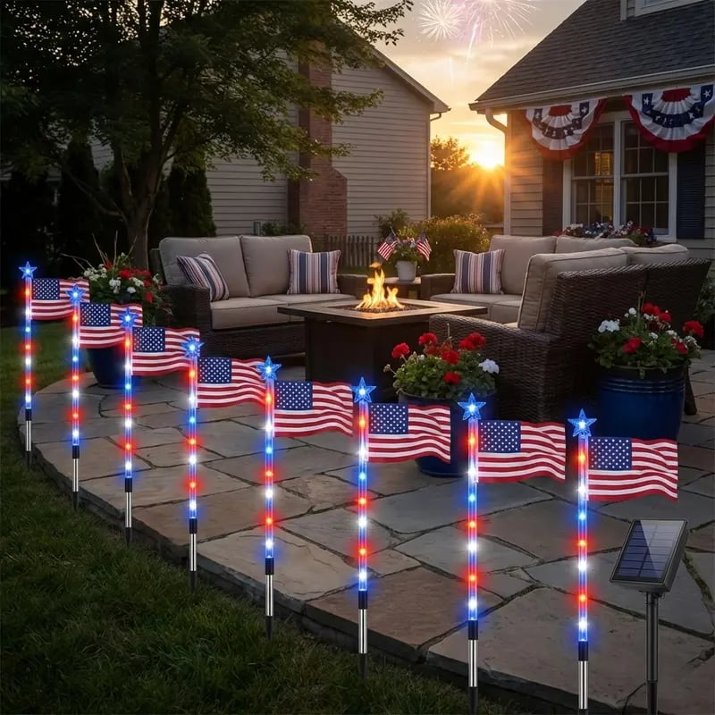 8 Solar American Flag Pathway Lights – Red, White & Blue Yard Glow for 250th Independence Celebration 🇺🇸