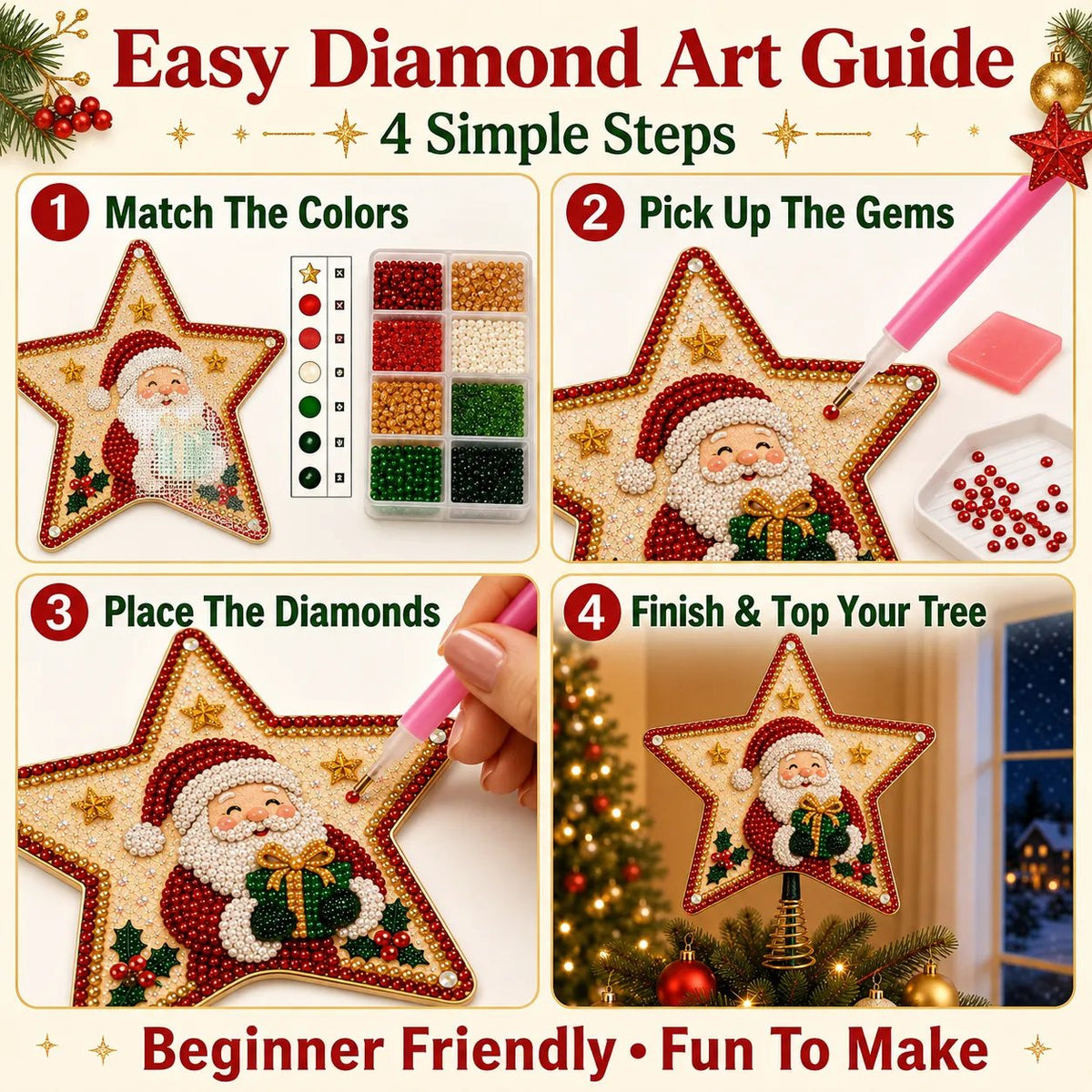 Christmas Pearl Diamond Art Tree Topper DIY Kit | Complete Set with Printed Base, Pearl & Crystal Pieces, Application Tools & Step-by-Step Guide Included 💕