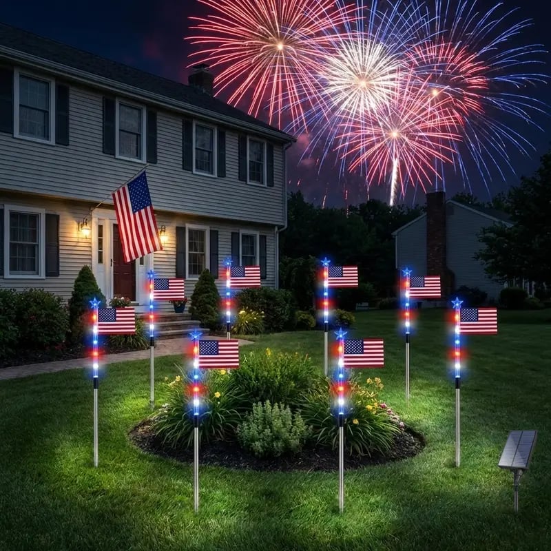 8 Solar American Flag Pathway Lights – Red, White & Blue Yard Glow for 250th Independence Celebration 🇺🇸