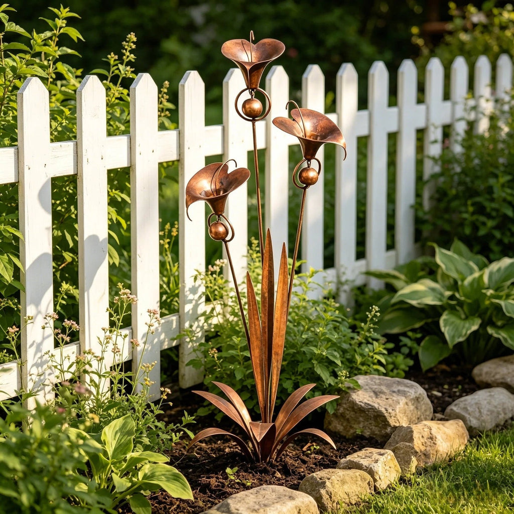 Copper Calla Lily Garden Stake with Bells – Elegant Outdoor Chime Decor 🌿