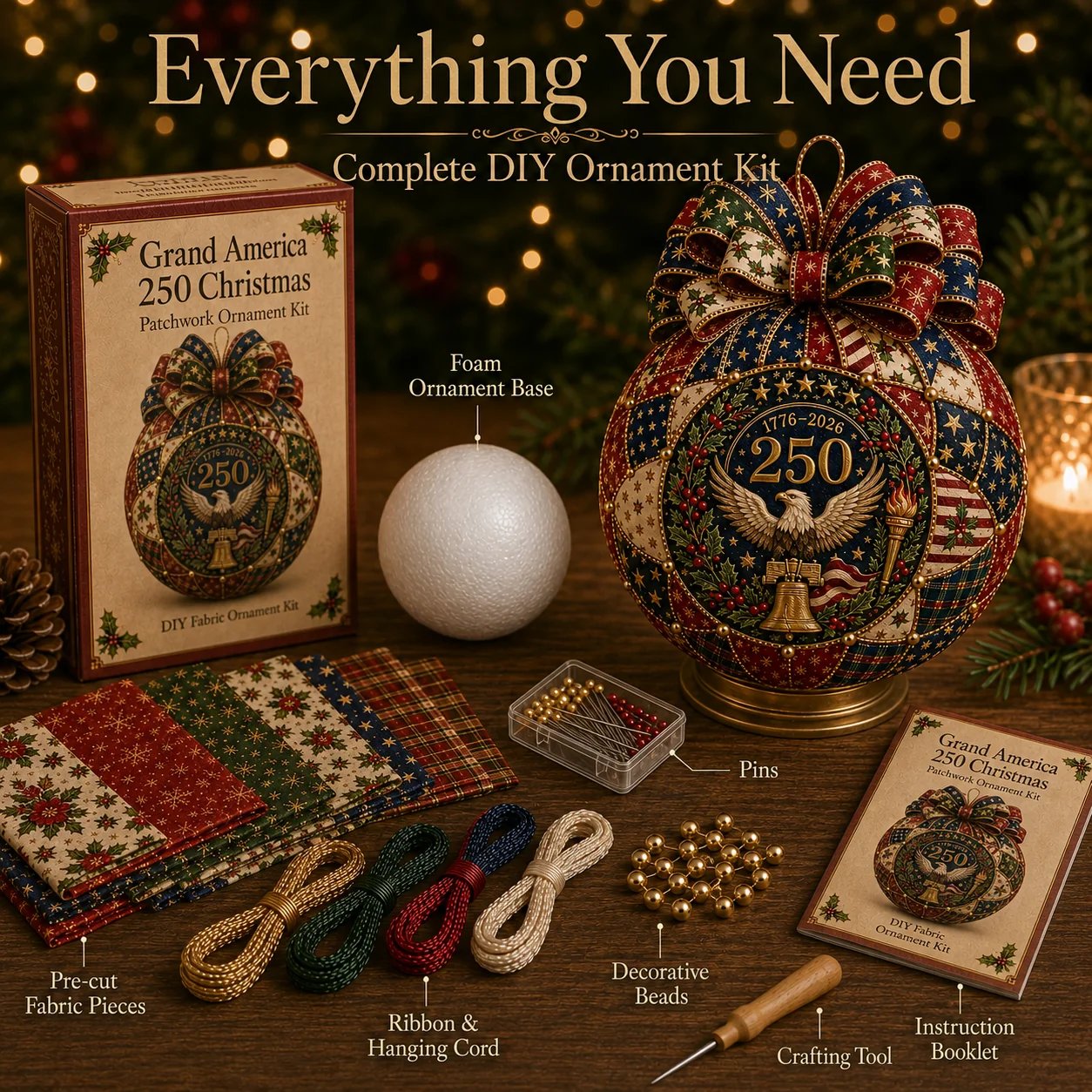 ❤️Beginner-Friendly🎄 USA 250th Anniversary Christmas Patchwork Ornament DIY Kit