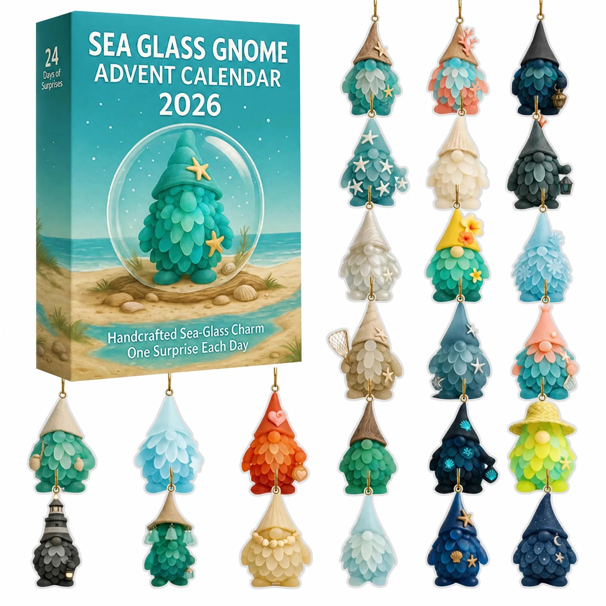 🌊🧝‍♂️ Sea Glass Gnome Advent Calendar 2026 | 24 Coastal Gnome Charms for Christmas Countdown, Tree Decor & Holiday Gifts 🎄✨