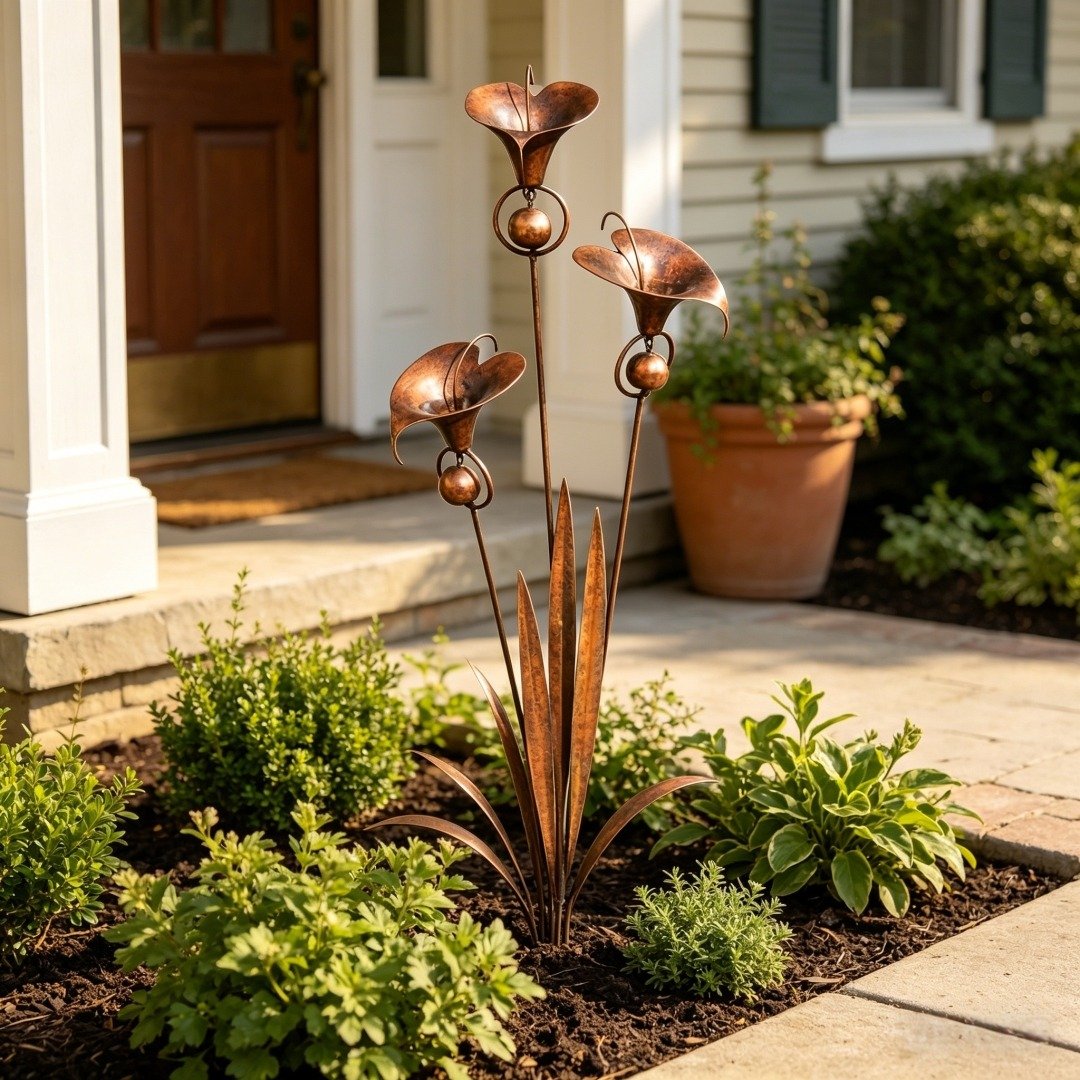 Copper Calla Lily Garden Stake with Bells – Elegant Outdoor Chime Decor 🌿