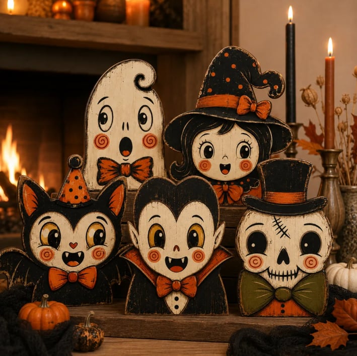 🎃Handmade Vintage Halloween Wooden Character Tabletop Decor