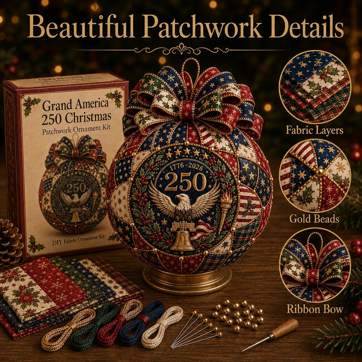 ❤️Beginner-Friendly🎄 USA 250th Anniversary Christmas Patchwork Ornament DIY Kit