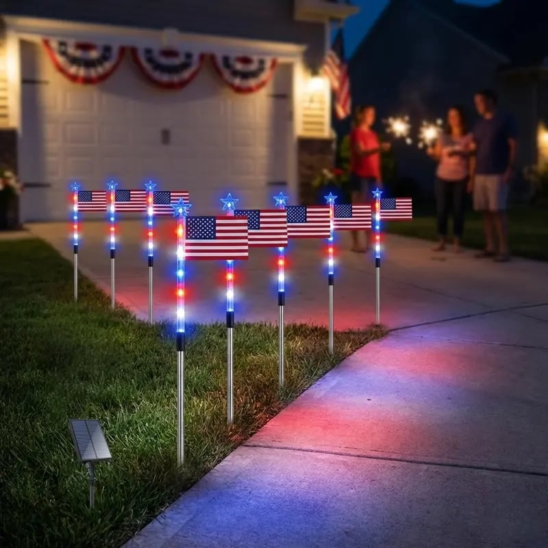 8 Solar American Flag Pathway Lights – Red, White & Blue Yard Glow for 250th Independence Celebration 🇺🇸