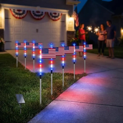 8 Solar American Flag Pathway Lights – Red, White & Blue Yard Glow for 250th Independence Celebration 🇺🇸