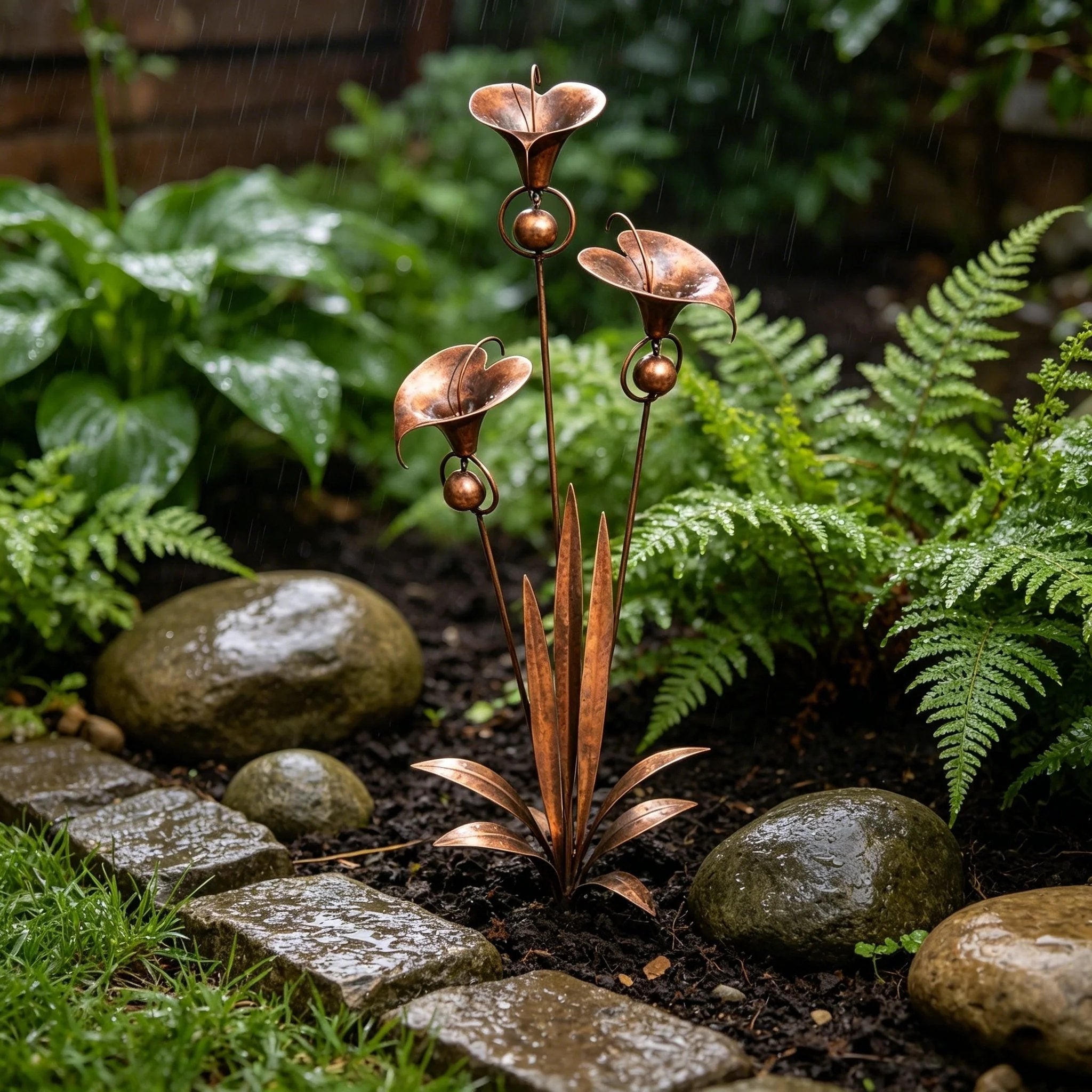 Copper Calla Lily Garden Stake with Bells – Elegant Outdoor Chime Decor 🌿