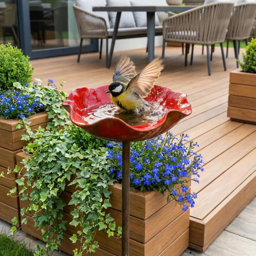Handmade Metal Flower Garden Stake – Bird Bath & Outdoor Decor for Nature Lovers 🌸