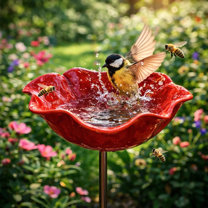 Handmade Metal Flower Garden Stake – Bird Bath & Outdoor Decor for Nature Lovers 🌸